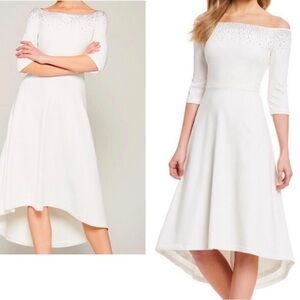 Calvin Klein white off the shoulder silver crystal rhinestone embellished dress